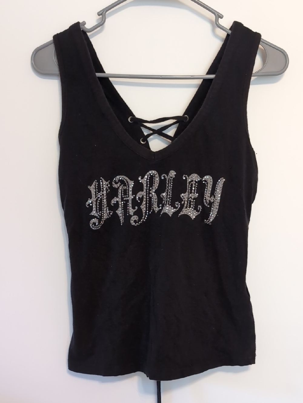 Harley Davidson Black Studded Lace-Up Back Tank Built-In Bra Size Medium